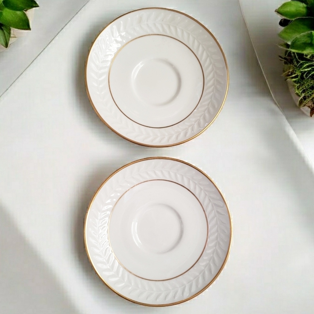 Shenango China Plate Anchor Hocking Dessert Tea Set New Castle Leaves Gold Trim